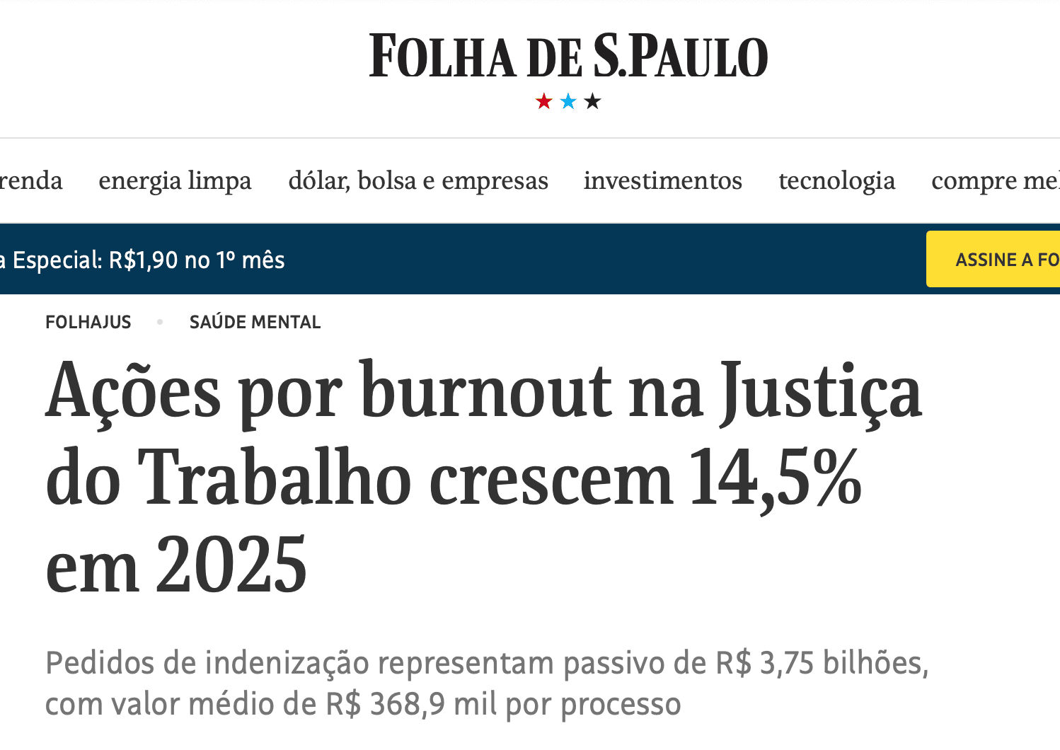 Reportagem sobre ações na justiça em Burnout.
