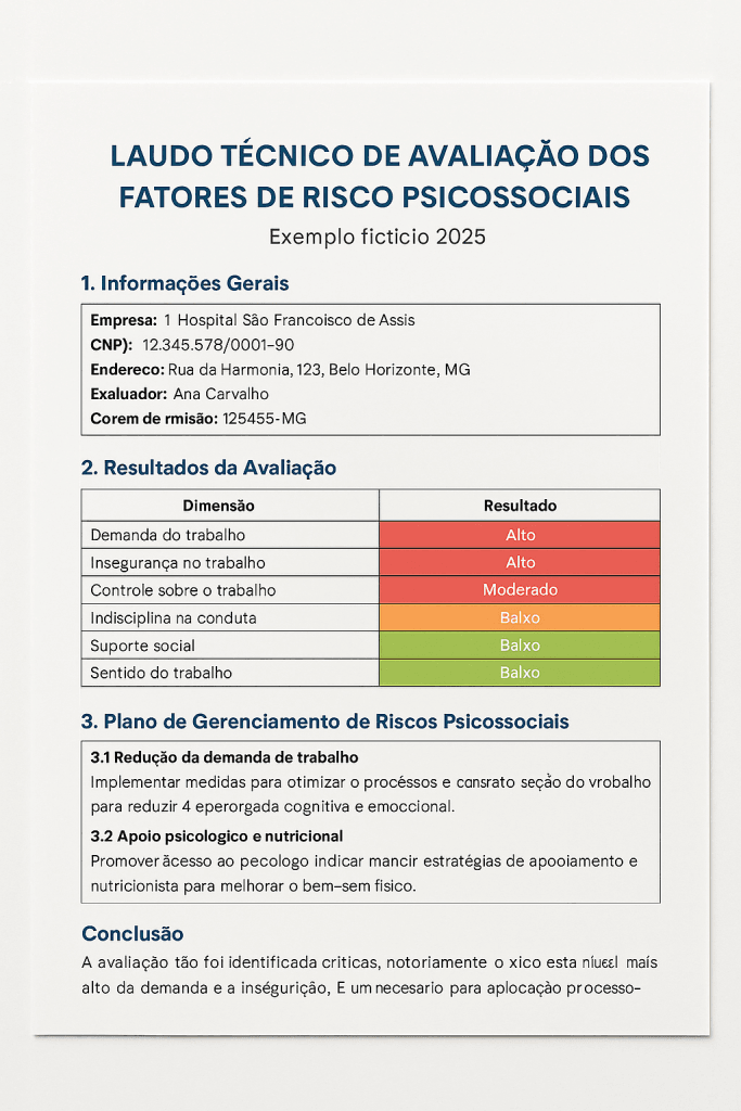 Exemplo de laudo técnico psicossocial NR-1 com dados fictícios