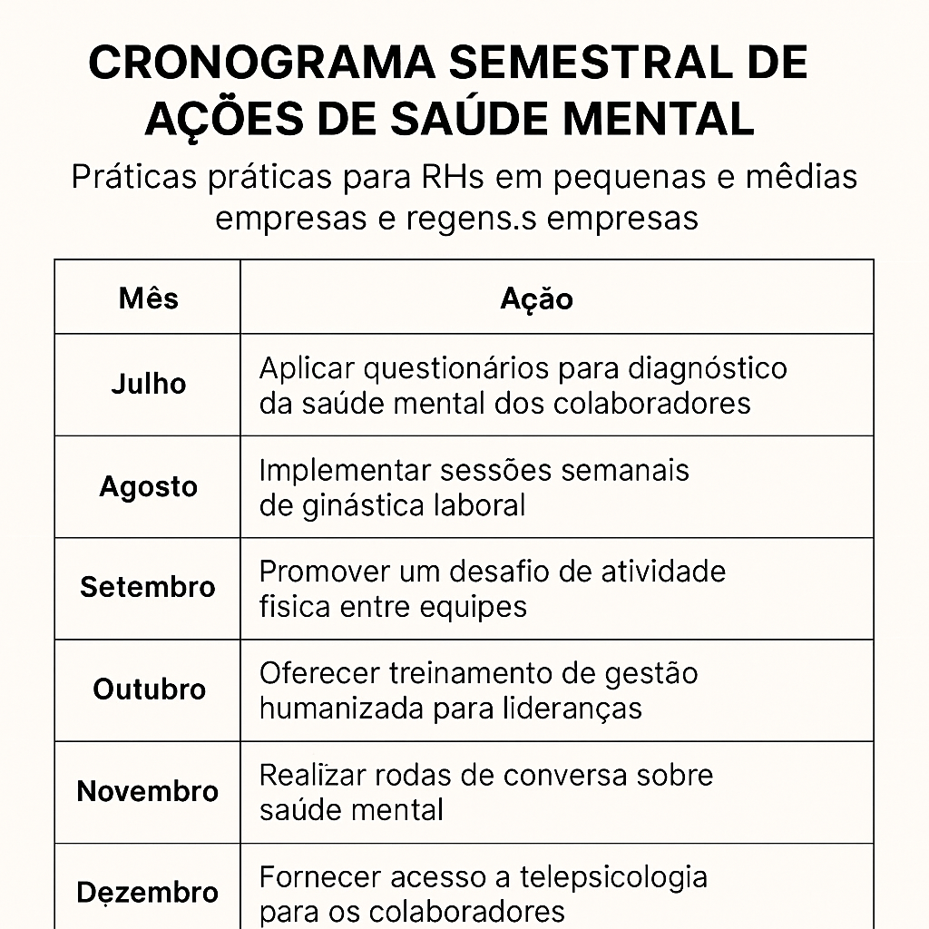 Cronograma semestral com ações práticas de saúde mental para RHs em pequenas e médias empresas