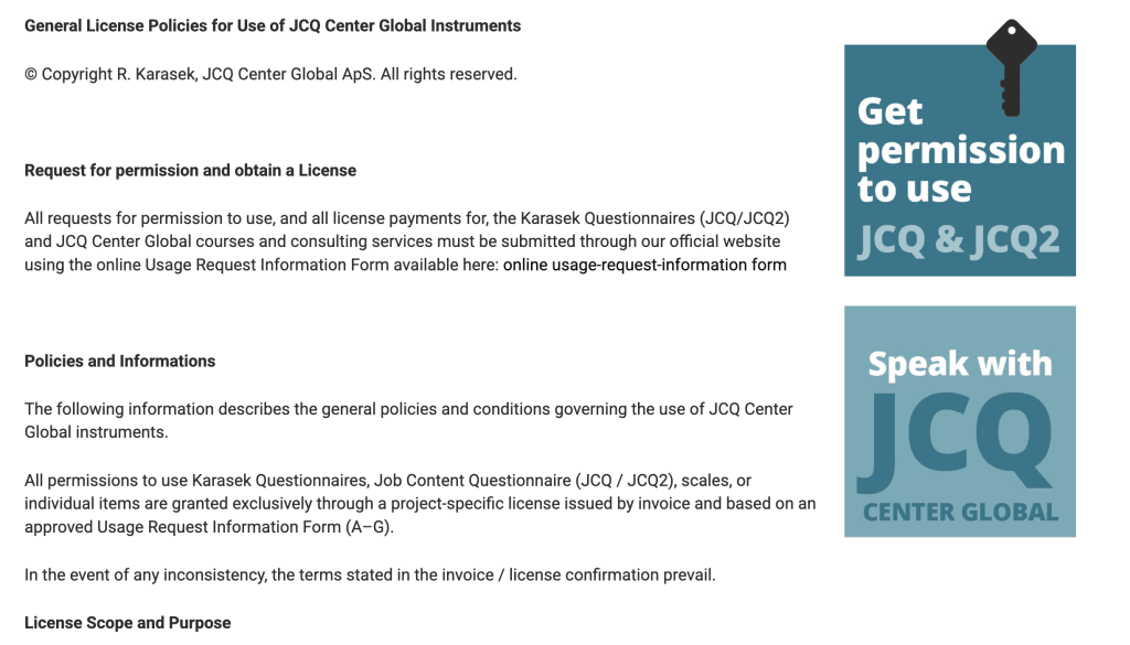 Licença e regras de uso do questionário Job Content Questionnaire.