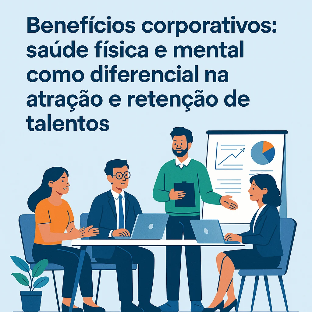 Profissionais em reunião sobre estratégias de benefícios corporativos com foco em saúde física e mental para retenção de talentos